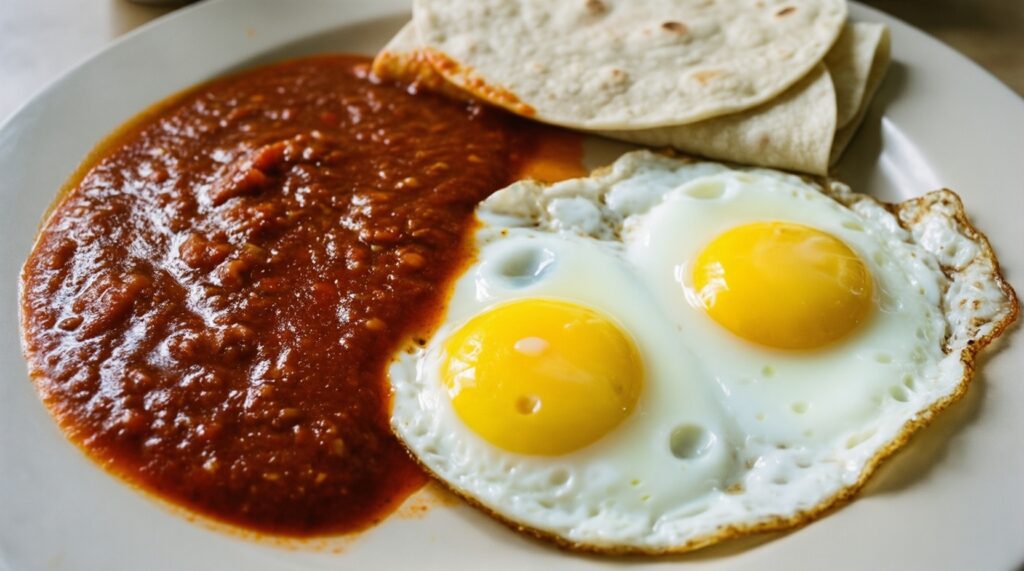 - Традиционный мексиканский завтрак: huevos rancheros пошагово - иллюстрация