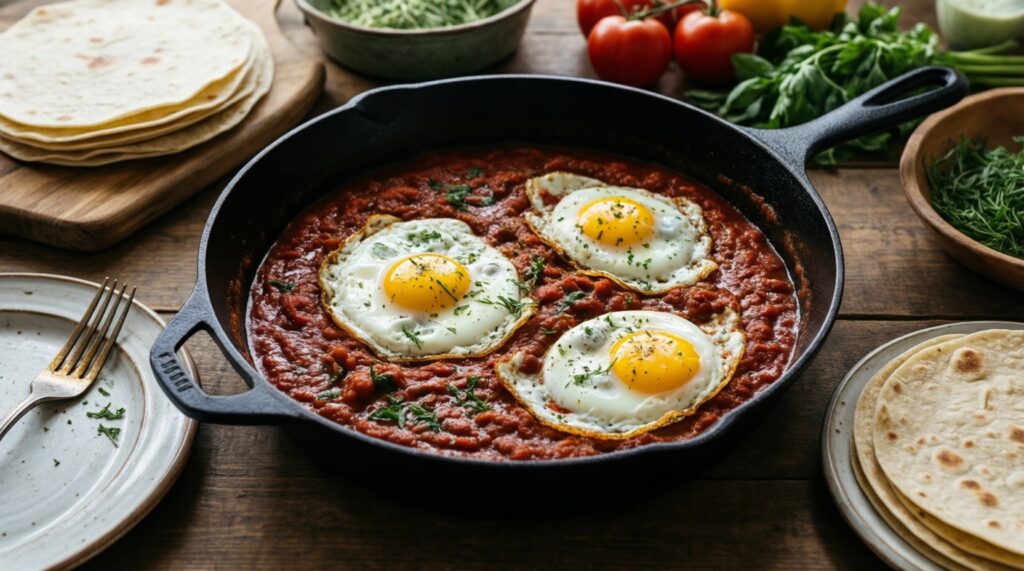 - Традиционный мексиканский завтрак: huevos rancheros пошагово - иллюстрация